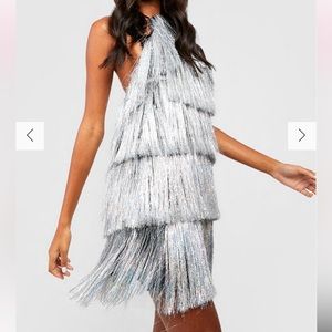 METALLIC TASSEL TIERED HALTENECK MINI PARTY DRESS NWT